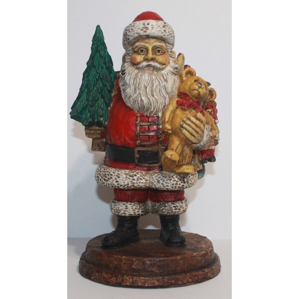 Vintage 11" Rustic Santa Clause with Tree, Bear, and Bag of Toys Figure